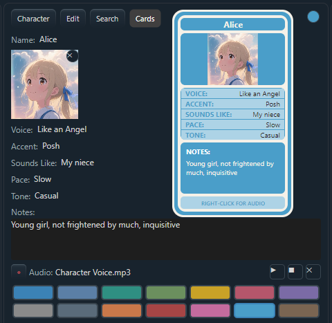 A Character Card, showing a character's voice, accent, pace, tone and notes