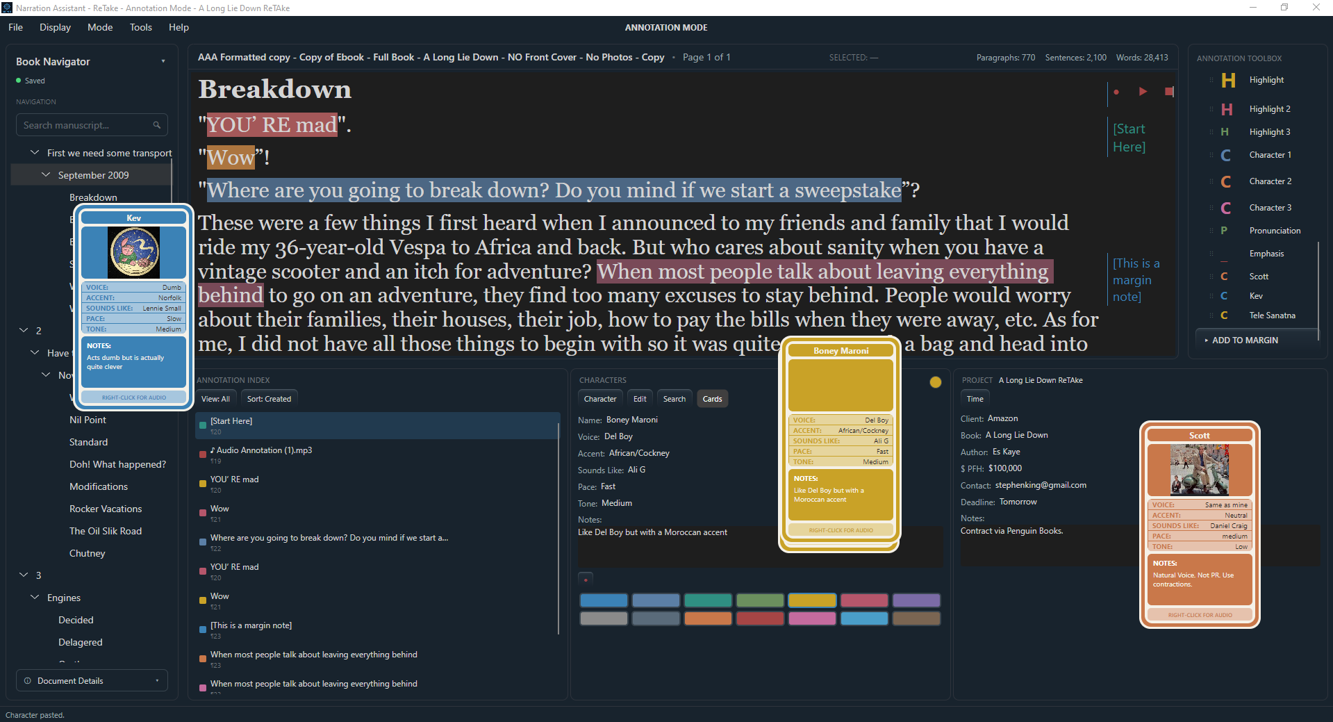 Annotation Mode workspace, showing a marked-up manuscript alongside Character Cards