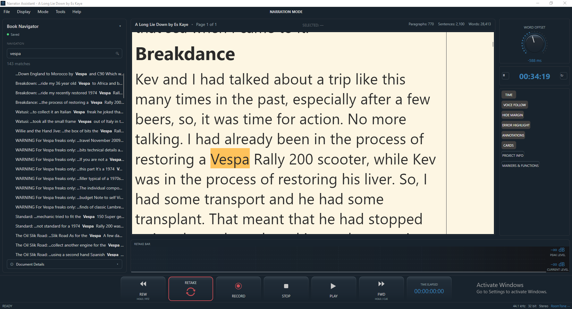DAW transport controls inside the ReTake narration workspace
